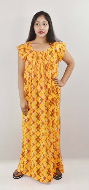 Yellow Cotton Maxi Nighty Square Neck Short Sleeves with pleats