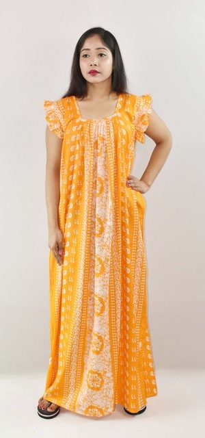 Yellow Cotton Maxi Nighty Square Neck Short Sleeves with pleats