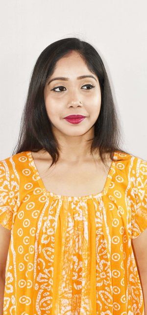 Yellow Cotton Maxi Nighty Square Neck Short Sleeves with pleats