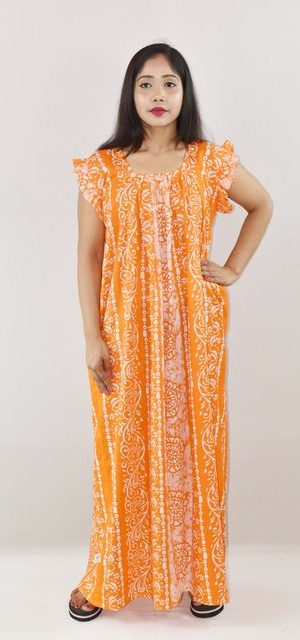 yellow Cotton Maxi Nighty Square Neck Short Sleeves with pleats