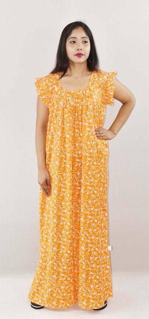 Yellow Cotton Maxi Nighty Square Neck Short Sleeves with pleats