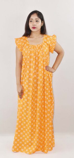 Yellow Cotton Maxi Nighty Square Neck Short Sleeves with pleats