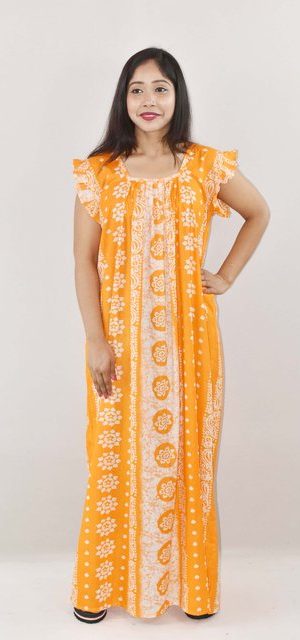 Yellow Cotton Maxi Nighty Square Neck Short Sleeves with pleats