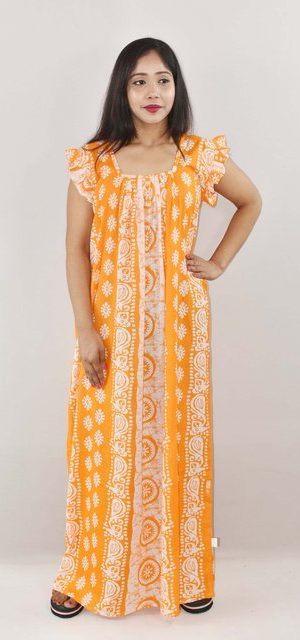 Yellow Cotton Maxi Nighty Square Neck Short Sleeves with pleats