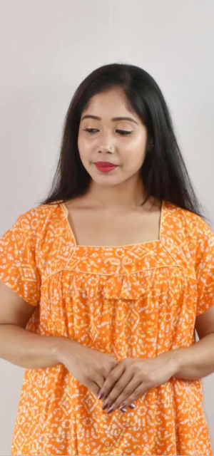 Yellow Cotton Maxi Nighty Square Neck Short Sleeve With Pipien