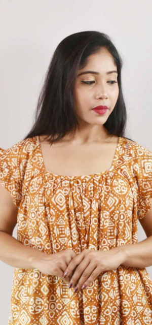 Yellow Cotton Maxi Nighty Square Neck Short Sleeves with pleats