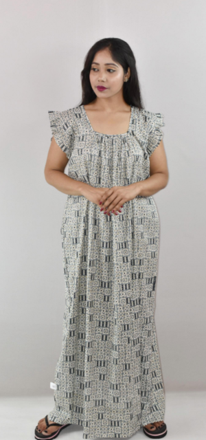 Steel Cotton Maxi Nighty Square Neck Short Sleeves with pleats