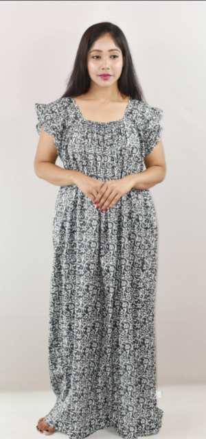 Steel Cotton Maxi Nighty Square Neck Short Sleeves with pleats