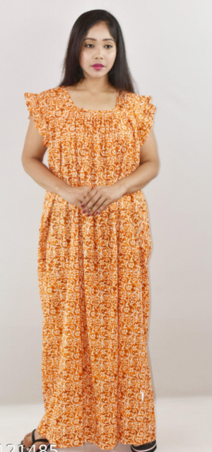 Yellow Cotton Maxi Nighty Square Neck Short Sleeves with pleats