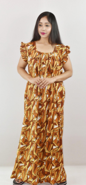 Yellow Cotton Maxi Nighty Square Neck Short Sleeves with pleats