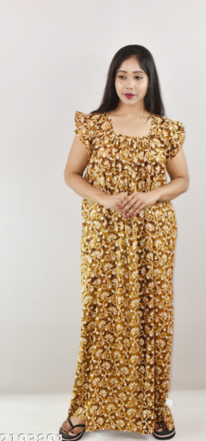 Yellow Cotton Maxi Nighty Square Neck Short Sleeves with pleats