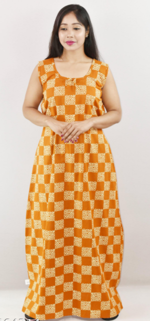 Yellow Cotton Maxi Nighty Round Neck & Sleeveles