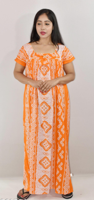 Yellow Cotton Maxi Nighty Square Neck Short Sleeve With Pipien