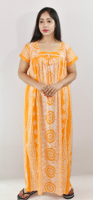 Yellow Cotton Maxi Nighty Square Neck Short Sleeve With Pipien