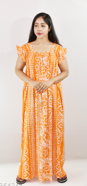 Yellow Cotton Maxi Nighty Square Neck Short Sleeves with pleats