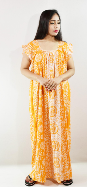 Yellow Cotton Maxi Nighty Square Neck Short Sleeves with pleats