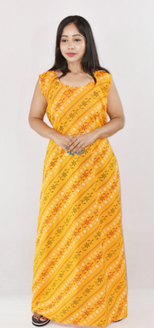 Yellow Green Cotton Maxi Nighty Round Neck & Sleeveless