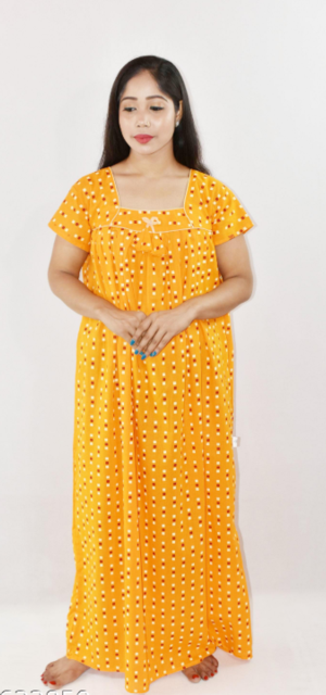 Yellow Cotton Maxi Nighty Square Neck Short Sleeve With Pipien