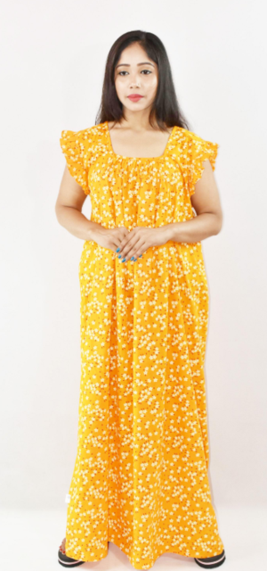Yellow Cotton Maxi Nighty Square Neck Short Sleeves with pleats