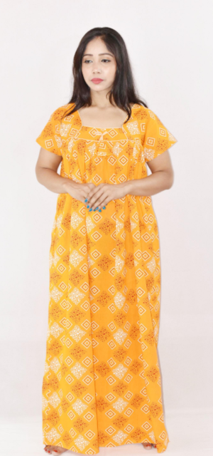 Yellow Cotton Maxi Nighty Square Neck Short Sleeve With Pipien