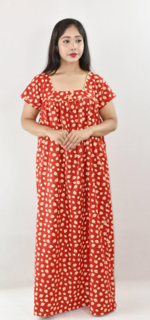 Bdrox Cotton Red Maxi Nighty Square Neck Short Sleeve With Pipien