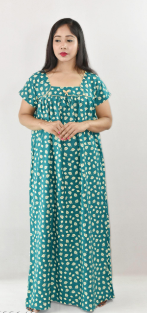 Bdrox Cotton Mint Green Maxi Nighty Square Neck Short Sleeve With Pipien