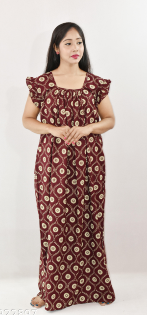 Bdrox Cotton Maroon Maxi Nighty Square Neck Short Sleeves with pleats