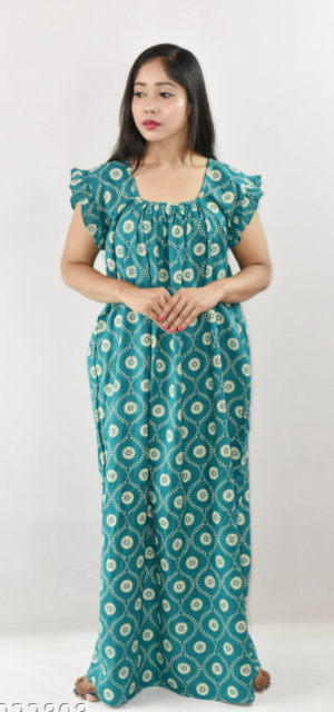 Bdrox Cotton Mint Green Maxi Nighty Square Neck Short Sleeves with pleats