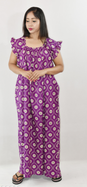 Bdrox Cotton Purple Maxi Nighty Square Neck Short Sleeves with pleats