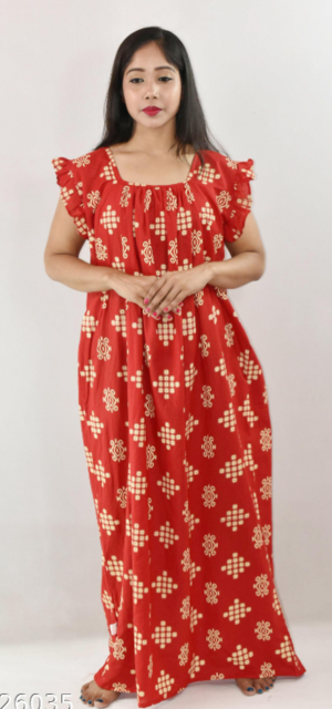 Bdrox Cotton Red Maxi Nighty Square Neck Short Sleeves with pleats