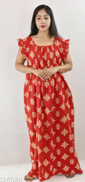 Bdrox Cotton Yellow Maxi Nighty Square Neck Short Sleeves with pleats