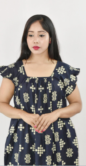 Bdrox Cotton Black Maxi Nighty Square Neck Short Sleeves with pleats