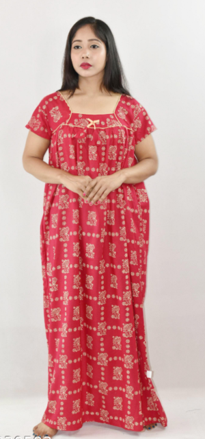 Bdrox Cotton Pink Maxi Nighty Square Neck Short Sleeve With Pipien