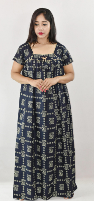 Bdrox Cotton Black Maxi Nighty Square Neck Short Sleeve With Pipien