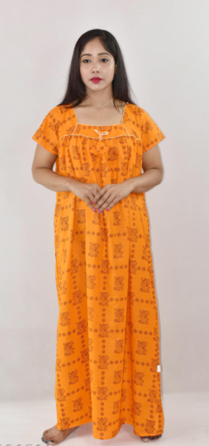 Bdrox Cotton Yellow Maxi Nighty Square Neck Short Sleeve With Pipien