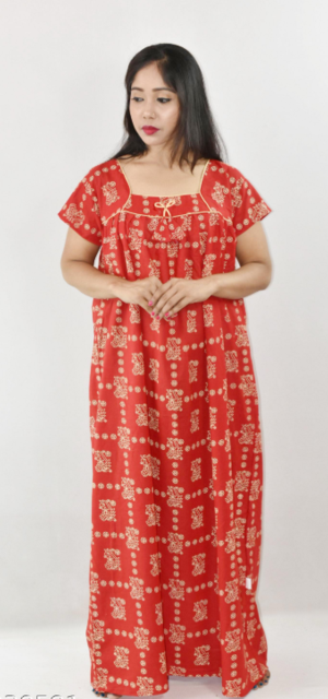 Bdrox Cotton Red Maxi Nighty Square Neck Short Sleeve With Pipien