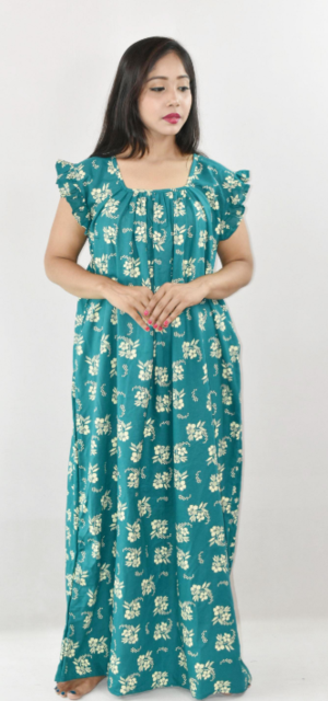 Bdrox Cotton Mint Green Maxi Nighty Square Neck Short Sleeves with pleats