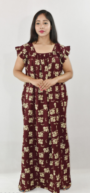 Bdrox Cotton Black Maxi Nighty Square Neck Short Sleeves with pleats