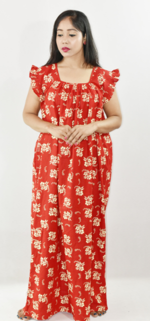 Bdrox Cotton Red Maxi Nighty Square Neck Short Sleeves with pleats