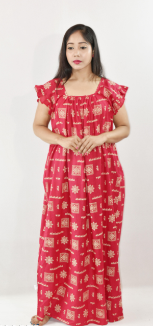 Bdrox Cotton Pink Maxi Nighty Square Neck Short Sleeves with pleats