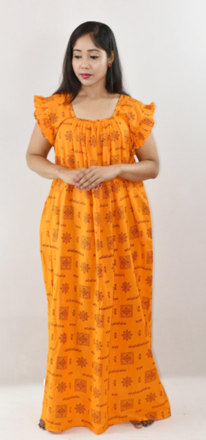 Bdrox Cotton Yellow Maxi Nighty Square Neck Short Sleeves with pleats