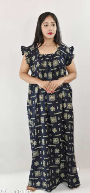 Bdrox Cotton Black Maxi Nighty Square Neck Short Sleeves with pleats