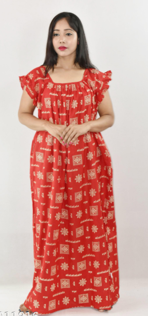 Bdrox Cotton Red Maxi Nighty Square Neck Short Sleeves with pleats