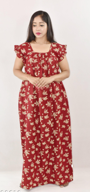 Bdrox Cotton Maroon Maxi Nighty Square Neck Short Sleeves with pleats