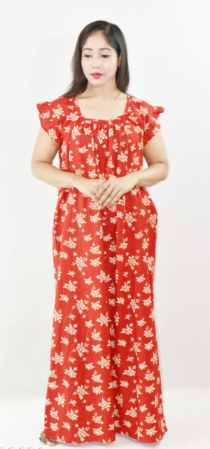 Bdrox Cotton Red Maxi Nighty Square Neck Short Sleeves with pleats