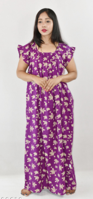 Bdrox Cotton Purple Maxi Nighty Square Neck Short Sleeves with pleats