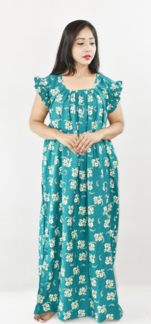 Bdrox Cotton Mint Green Maxi Nighty Square Neck Short Sleeves with pleats