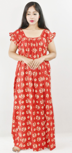 Bdrox Cotton Red Maxi Nighty Square Neck Short Sleeves with pleats