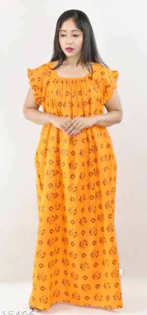 Bdrox Cotton Yellow Maxi Nighty Square Neck Short Sleeves with pleats