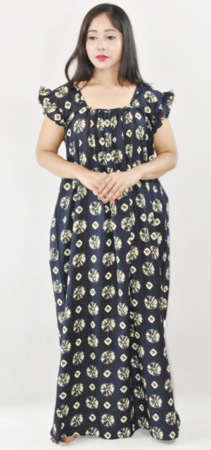 Bdrox Cotton Black Maxi Nighty Square Neck Short Sleeves with pleats